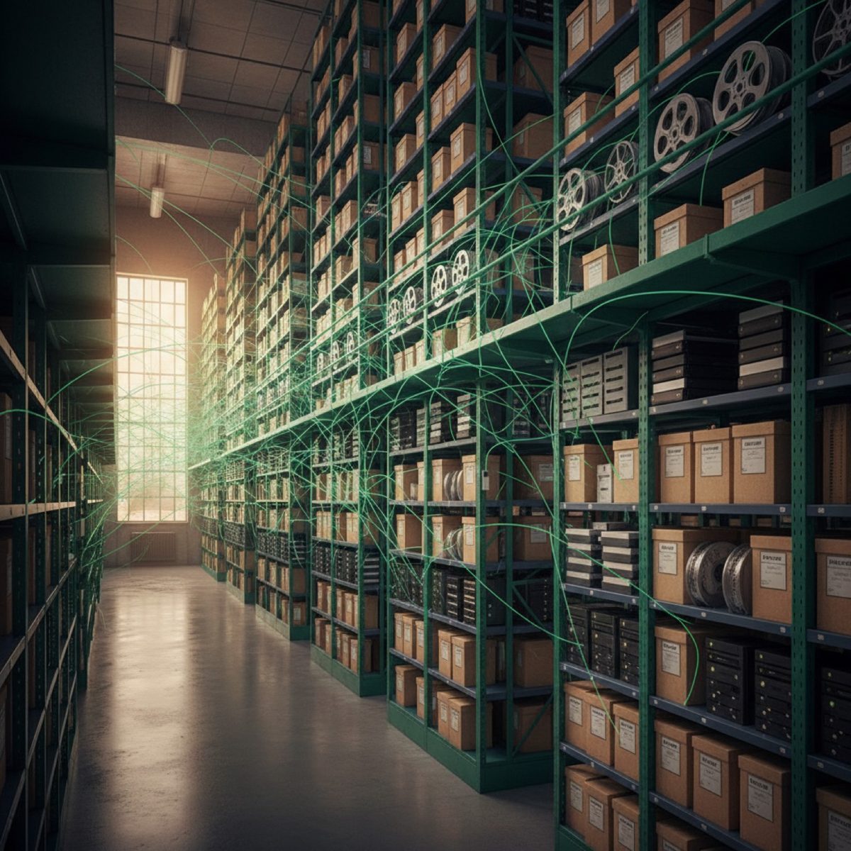 A vast archive hall linked by threads of green light