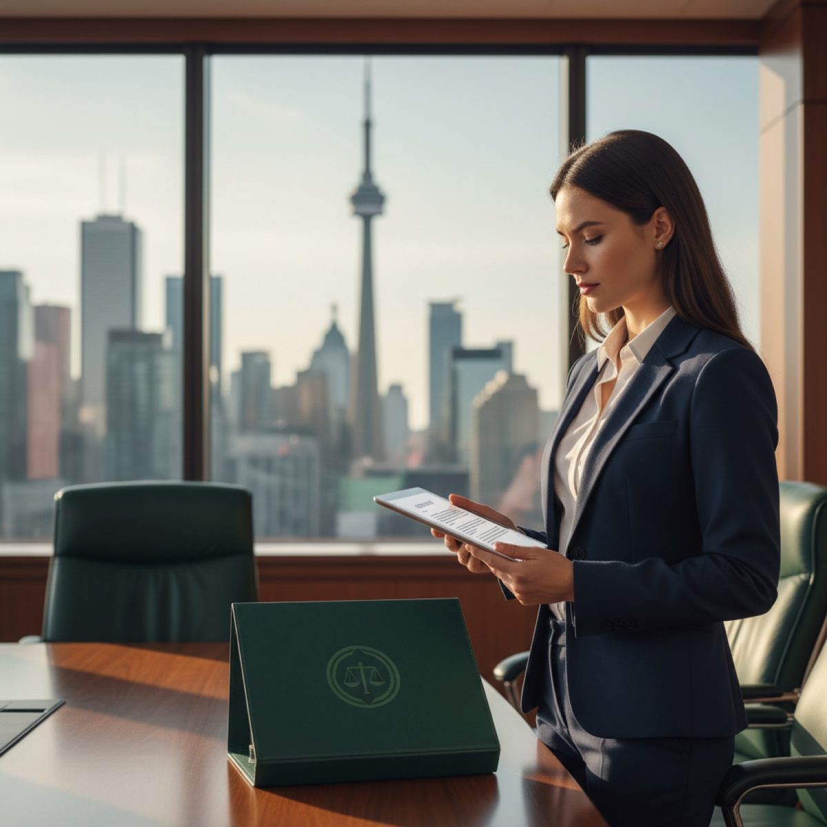 A lawyer reviewing a file on a tablet in a boardroom
