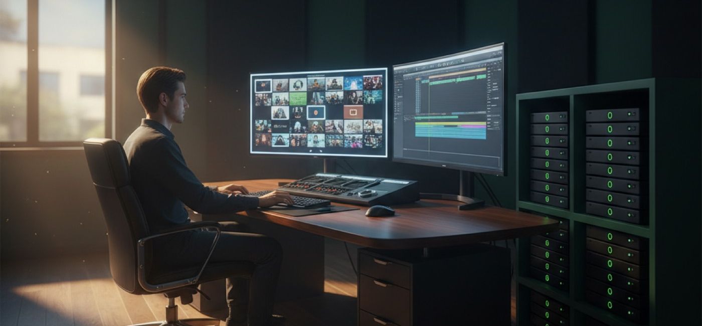 An editor at a desk with a wall of video thumbnails