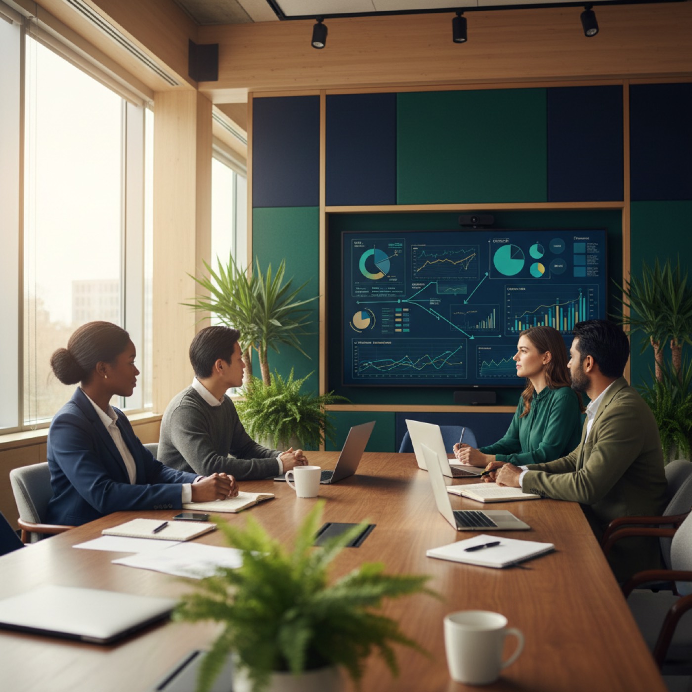 Colleagues around a screen with charts